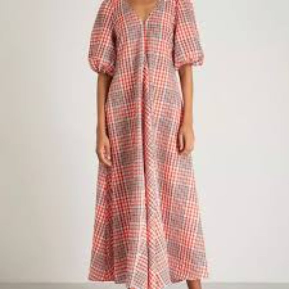 GANNI Checked cotton-blend seersucker maxi dress